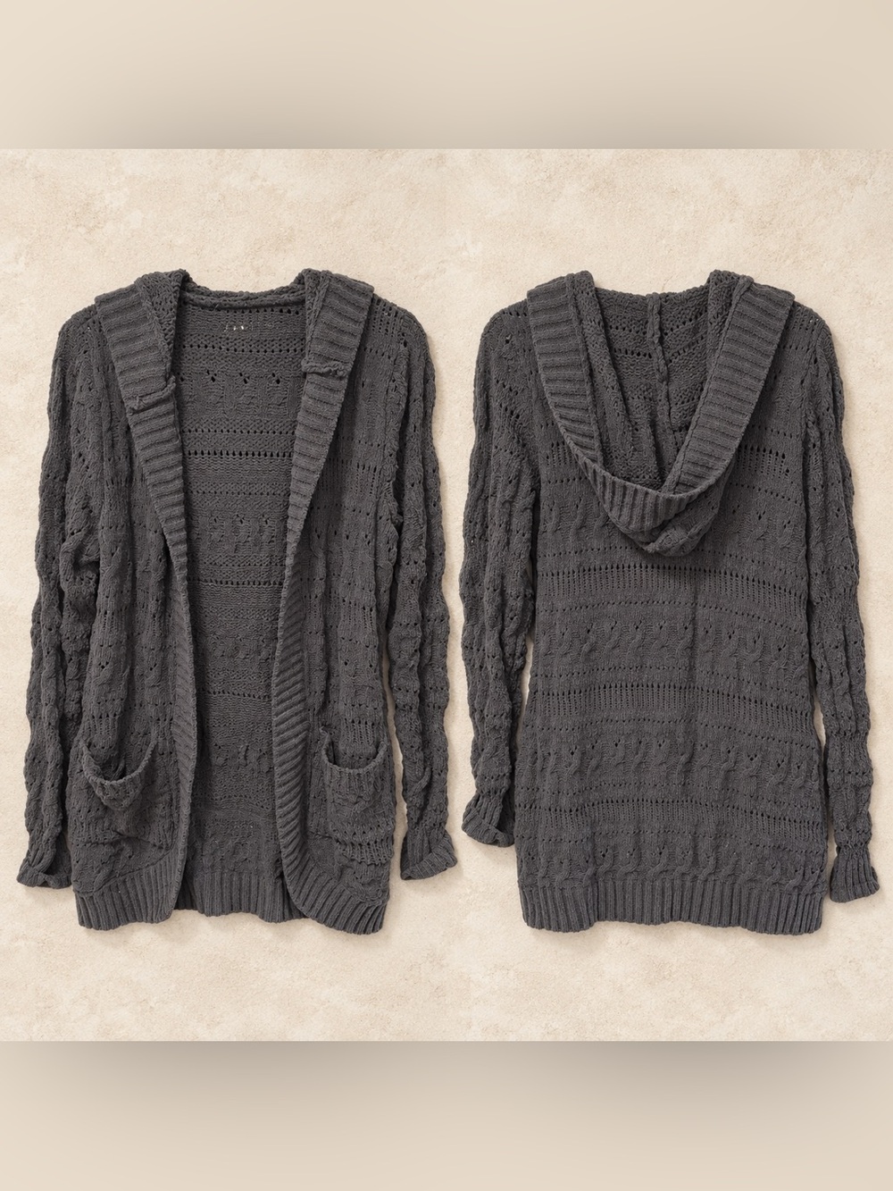 No Boundaries Charcoal Gray Open-Front Hooded Knit Cardigan